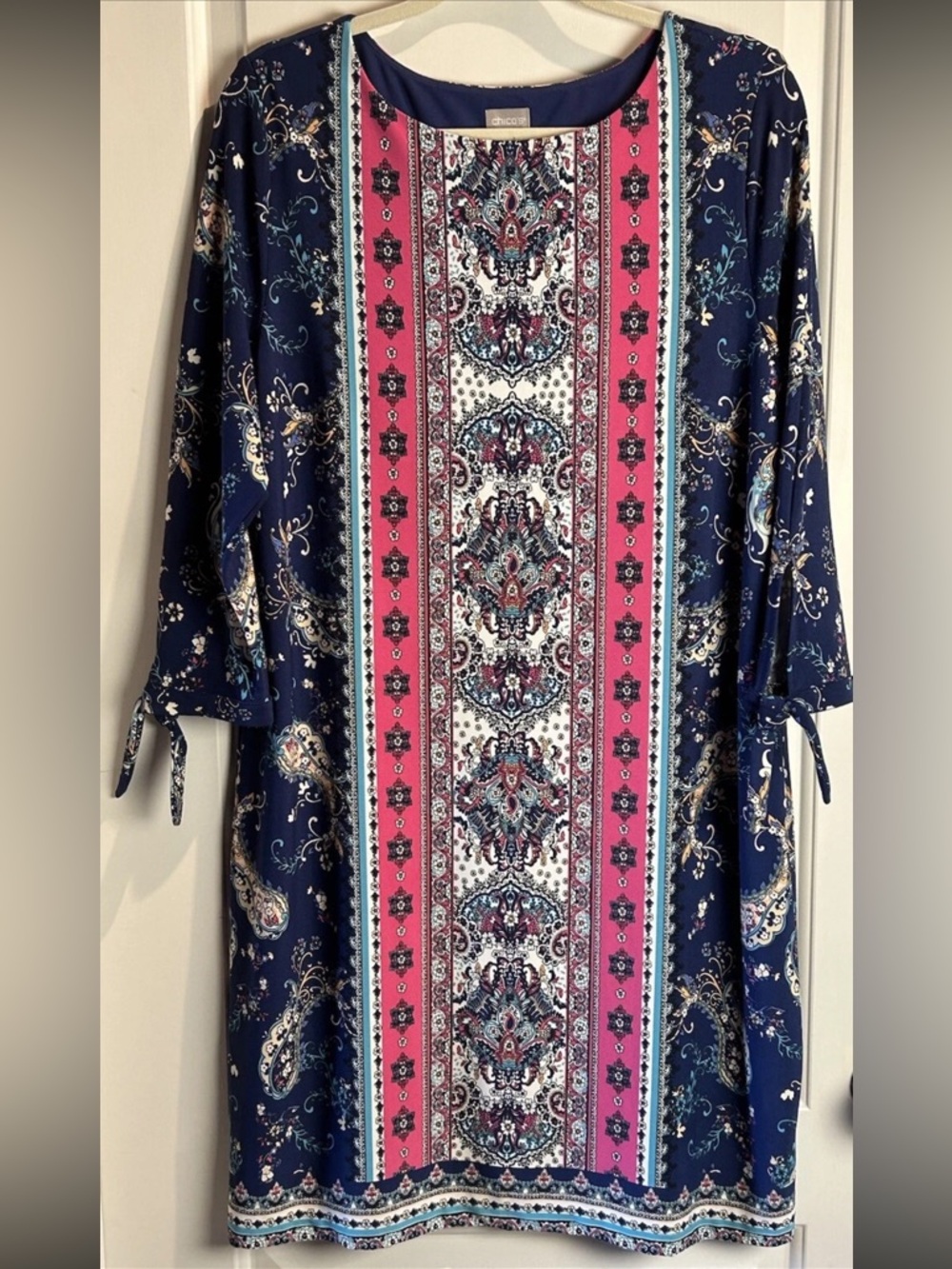 Chico’s Medallion Print 3/4 Tie Sleeve Lined Stretch Shift Dress Wm Size 2 US 12